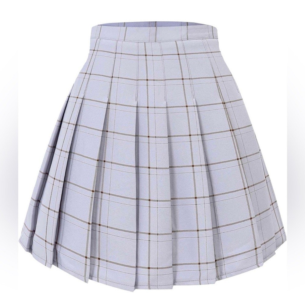High Waisted A-line Pleated Skater Tennis Skirt Blue Gray Brown Stripe